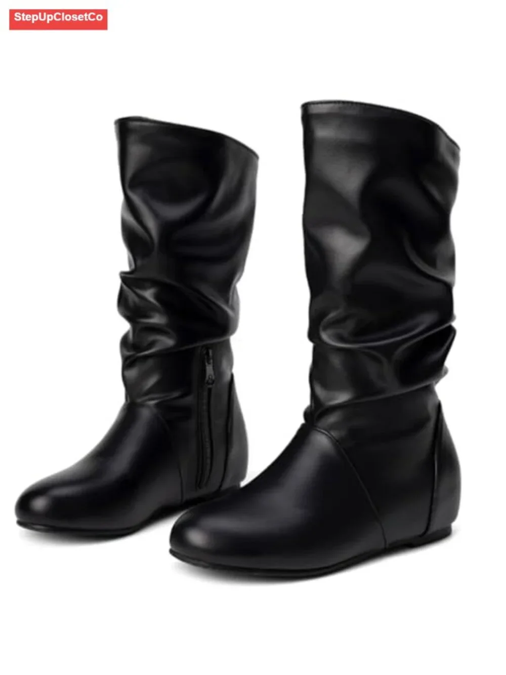 Women's Slouch Mid-Calf Boots Faux Leather Wedge Low Heel Pull On Side Zip